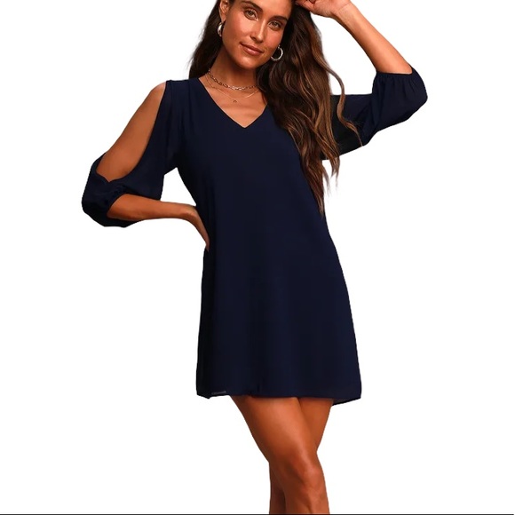 Lulu’s Shifting Dears Navy Blue Long-sleeve Cold Shoulder Midi Dress Size Medium
